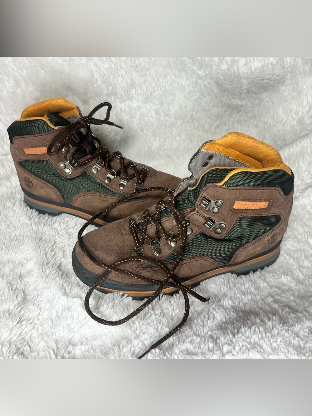 Timberland Brown and Green Lace-Up Women's Hiking Boots with Yellow Accent